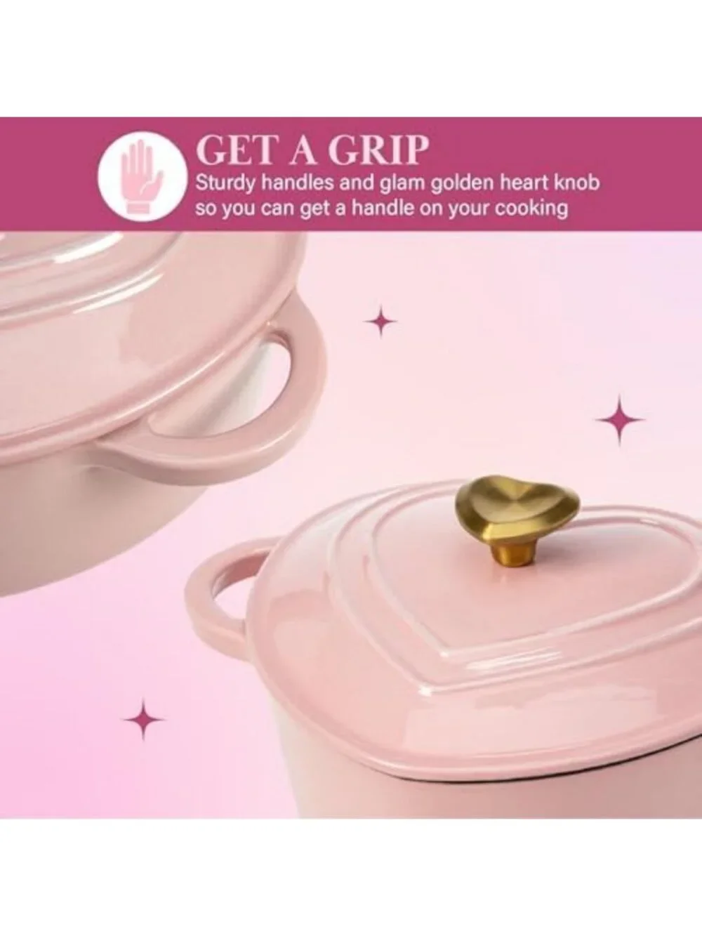 Heart-Shaped Enameled Cast Iron Dutch Oven Pot with Lid, 4-Quart, Pink, Oven